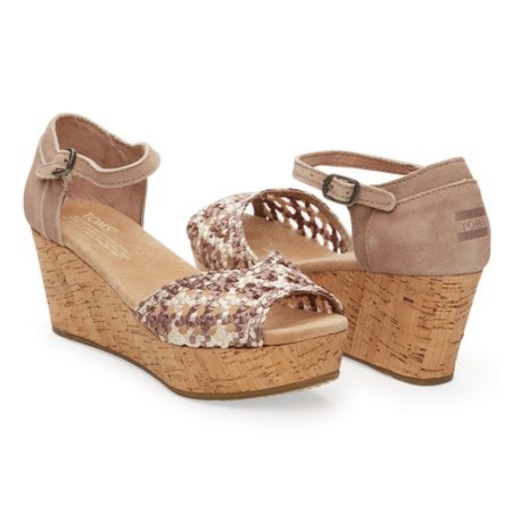 TOMS STUCCO SATIN WOVEN CORK NATURAL WEDGES